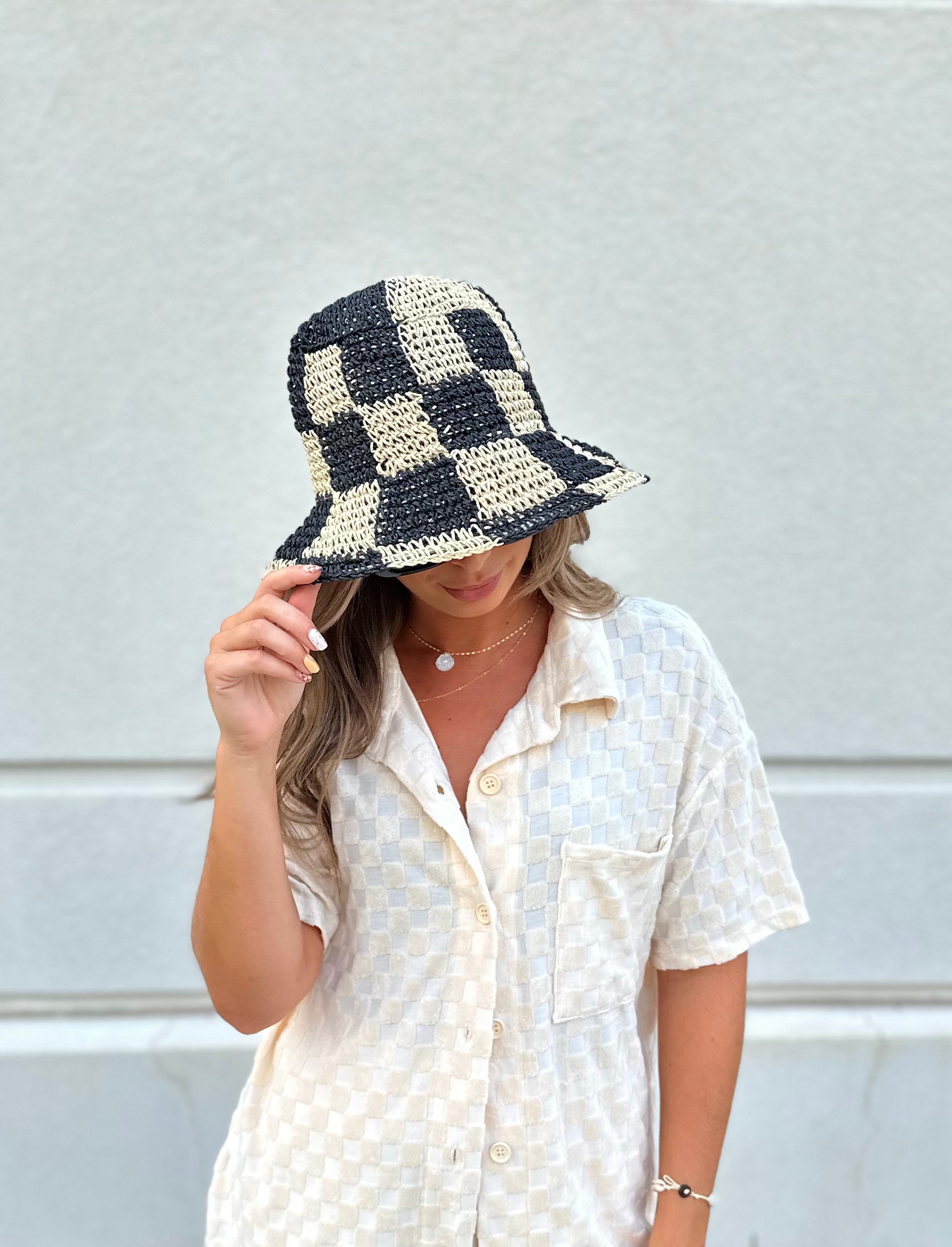 Sand Pearl Checkered Bucket Hat - Black/Cream