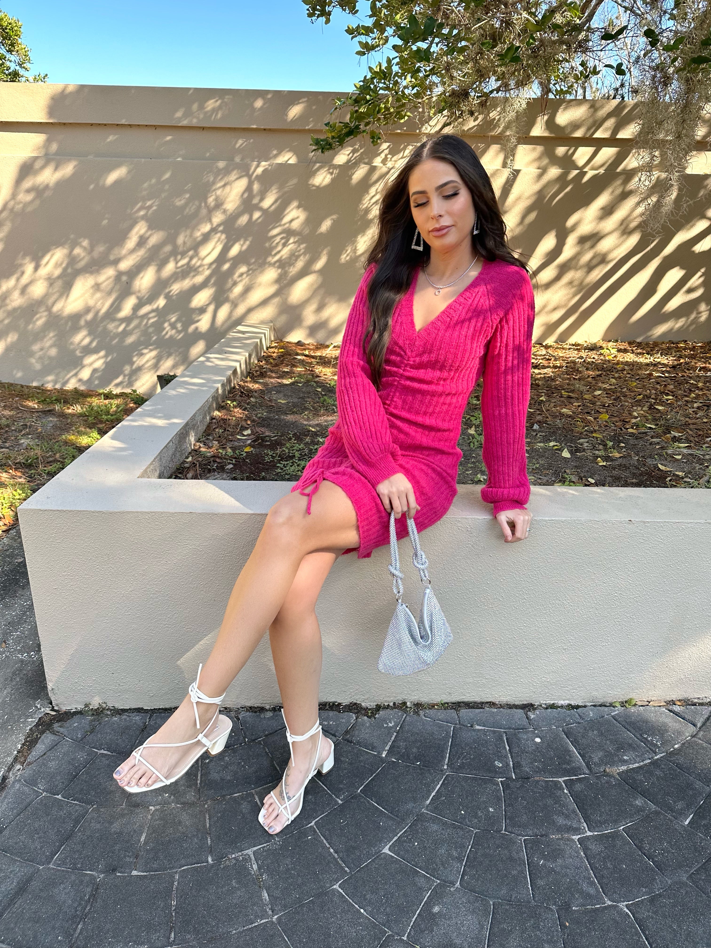 Pretty In Pink Ruched Sweater Dress