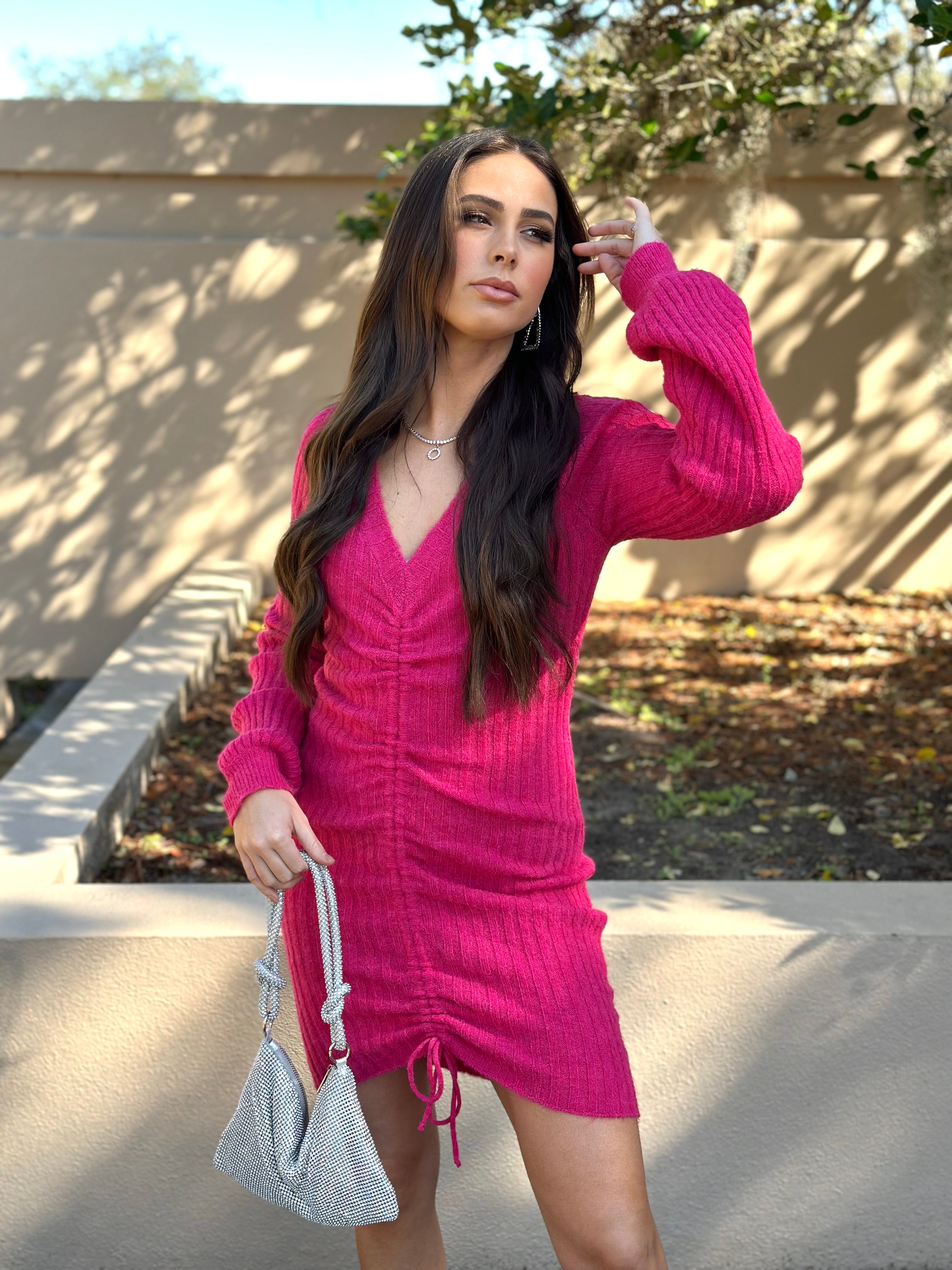 Pretty In Pink Ruched Sweater Dress